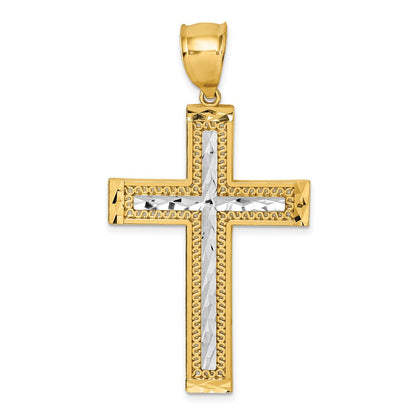 14K Gelbgold und Rhodium Poliert Diamantgeschliffener Strukturierter Fancy Lateinisches Kreuz Anhänger