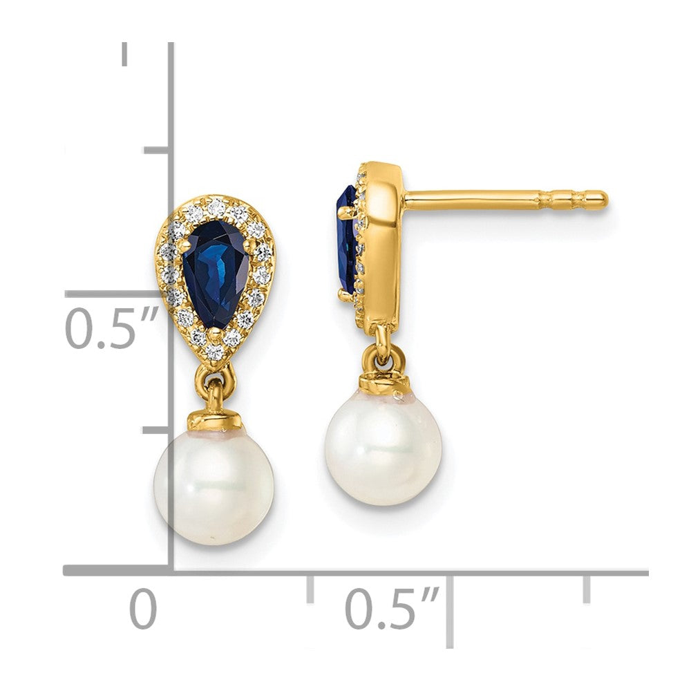 14K Gelbgold Ohrhänger mit rundem Süßwasserzuchtperle/0,09K Diamant/Birnen-Saphir zum Stecken