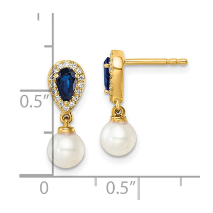14K Gelbgold Ohrhänger mit rundem Süßwasserzuchtperle/0,09K Diamant/Birnen-Saphir zum Stecken