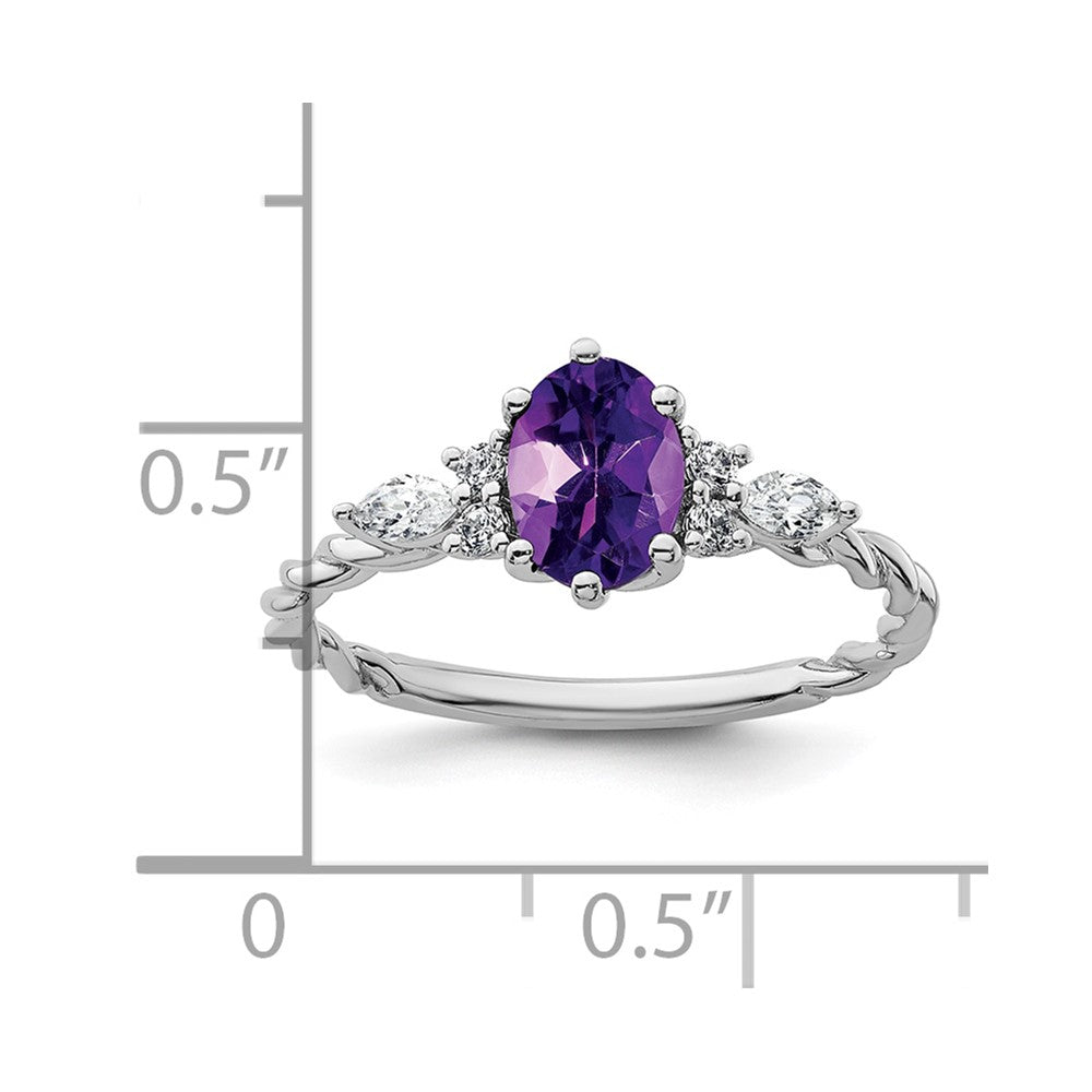 14K Weißgold Ring mit Diamanten und 7x5 ovalem Amethyst (Februar), verschlungen, Größe 7
