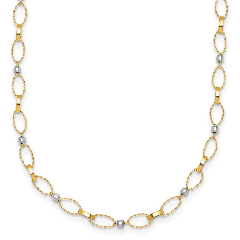 14K Bicolor Gold Bicolor Poliert und Gedreht Fantasie Oval Knöpfe und Facettiert Perlen 18 Zoll Halskette