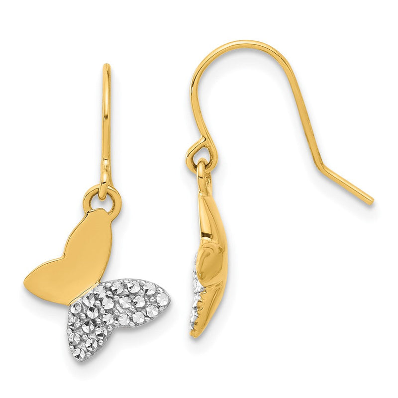 14K Gelbgold und Rhodium Diamantiert Schmetterling Hängend French Haken Ohrringe