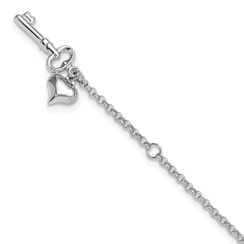 14K Weißgold Ankerkette Kette mit Gewölbt Herz und Key Hängend 9 Zoll Plus 1 Zoll Verlängerung - Total 10 Zoll Fußkettchen
