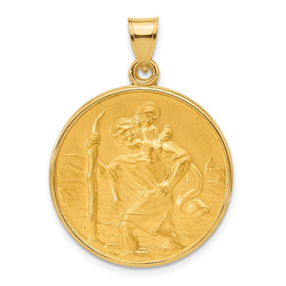 14K Gelbgold Poliert und Satiniert Massiv Groß St. Christopher Medaille Rund Anhänger