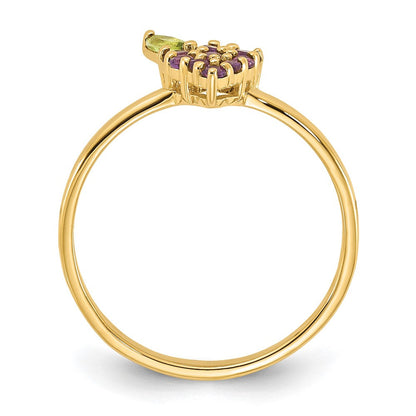 14K Gelbgold Amethyst und Peridot Grapes Größe 7 Ring