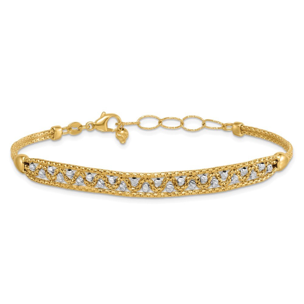 14K Bicolor Gold Strukturiert Diamantiert 7mm Gekugelt Gliederarmband Plus Verlängerung
