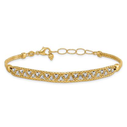 14K Bicolor Gold Strukturiert Diamantiert 7mm Gekugelt Gliederarmband Plus Verlängerung