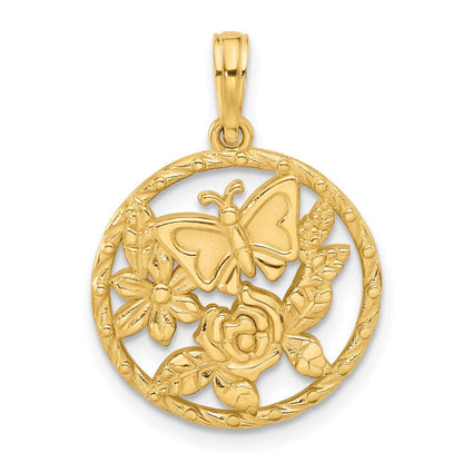 14K Gelbgold Polierter Fantasie-Schmetterling-und-Blumen-Charm
