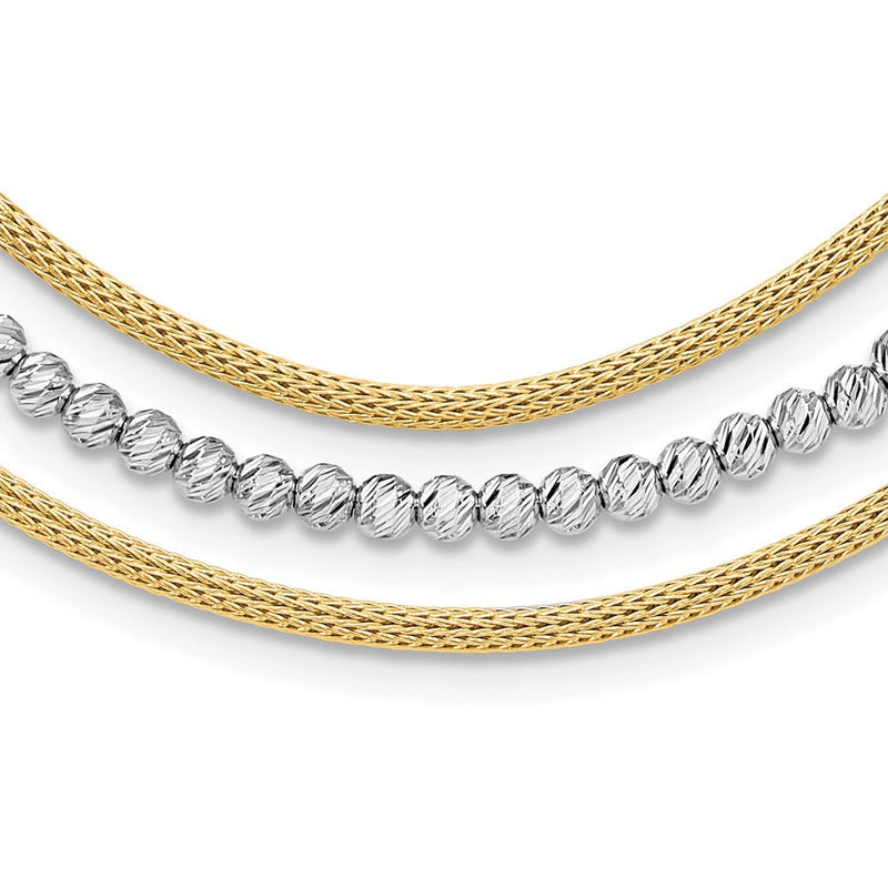 14K Bicolor Gold Bicolor Diamantiert Perlen und Netz Kette 3-strand Latz 15.75 Zoll Halskette Plus 2 Zoll Verlängerung