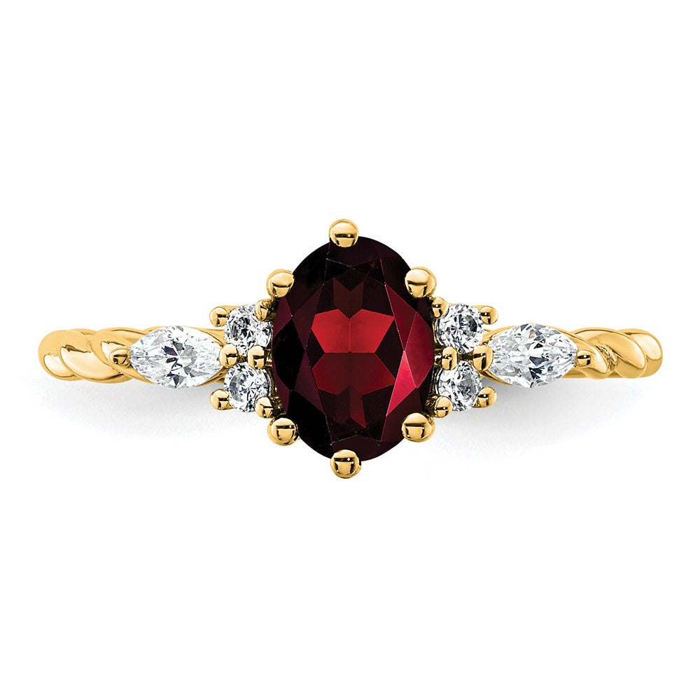 14K Gelbgold Ring mit Diamant und ovalem 7x5 Januar-/Granat-Stein, Größe 7, gedreht