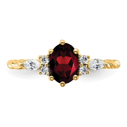 14K Gelbgold Ring mit Diamant und ovalem 7x5 Januar-/Granat-Stein, Größe 7, gedreht