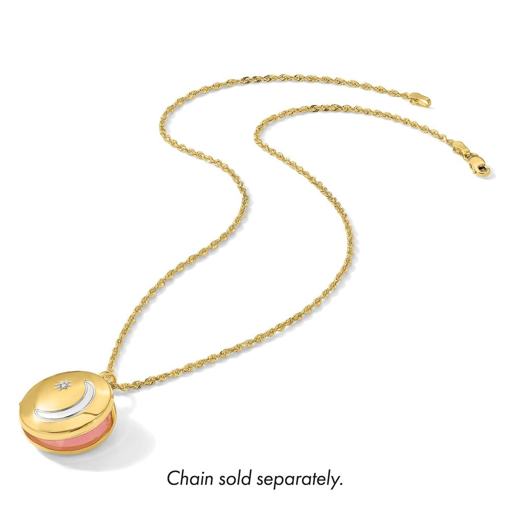 14K Gelbgold mit Rhodium Diamant Stern und Mond 20mm Rund Medaillon