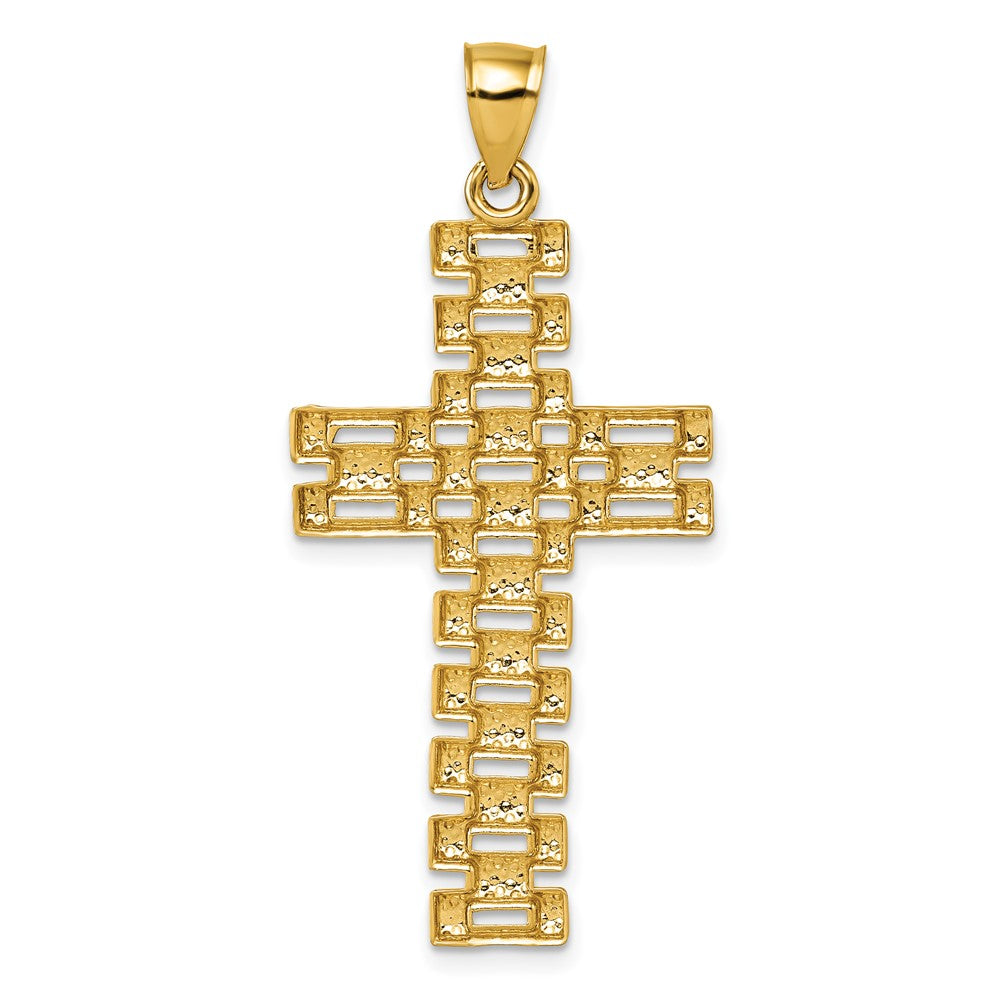 Anhänger Lateinisches Kreuz aus 14K Gelbgold, poliert, diamantiert und strukturiert, mit Phantasie-Kettenglieder-Design