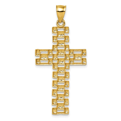Anhänger Lateinisches Kreuz aus 14K Gelbgold, poliert, diamantiert und strukturiert, mit Phantasie-Kettenglieder-Design