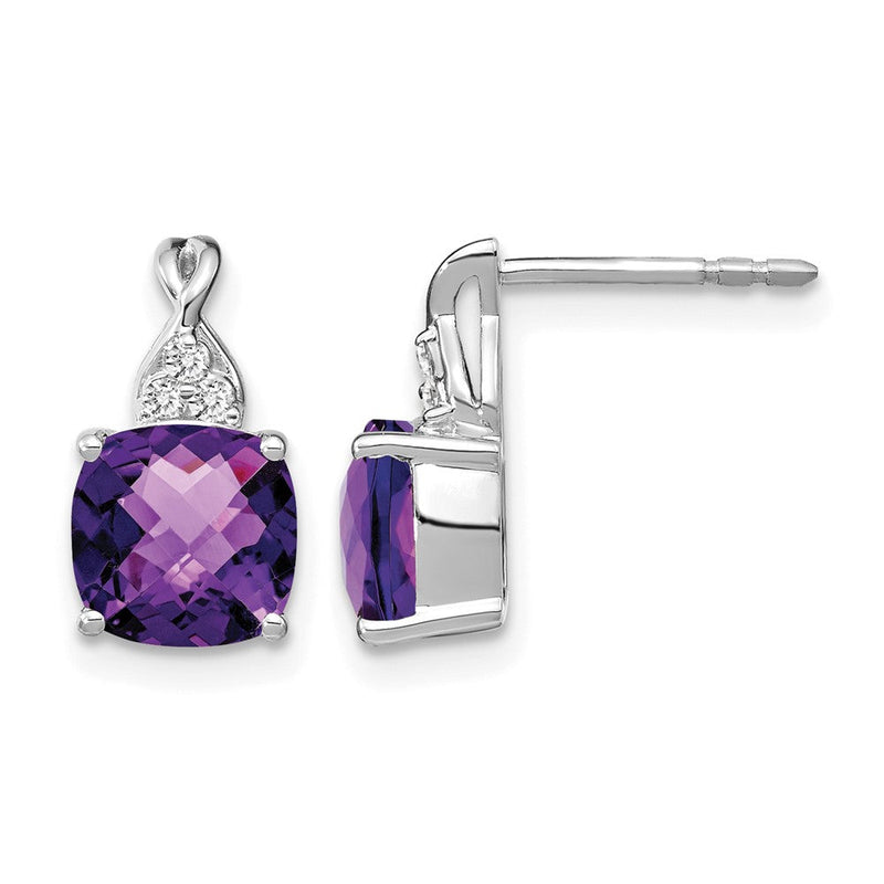 14K Weißgold Ohrstecker mit 7 mm Kissenschliff-Schachbrettmuster, Amethyst (Februar) und Diamanten