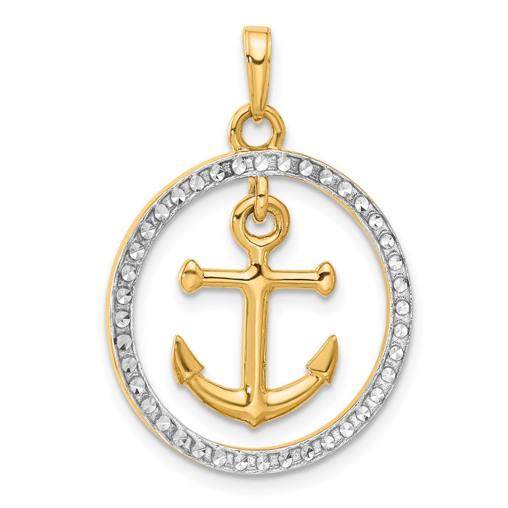 14K Gelbgold und Rhodium Anker-Anhänger im Kreis mit Diamantschliff