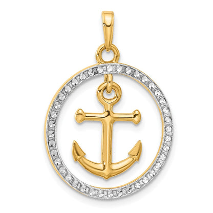 14K Gelbgold und Rhodium Anker-Anhänger im Kreis mit Diamantschliff