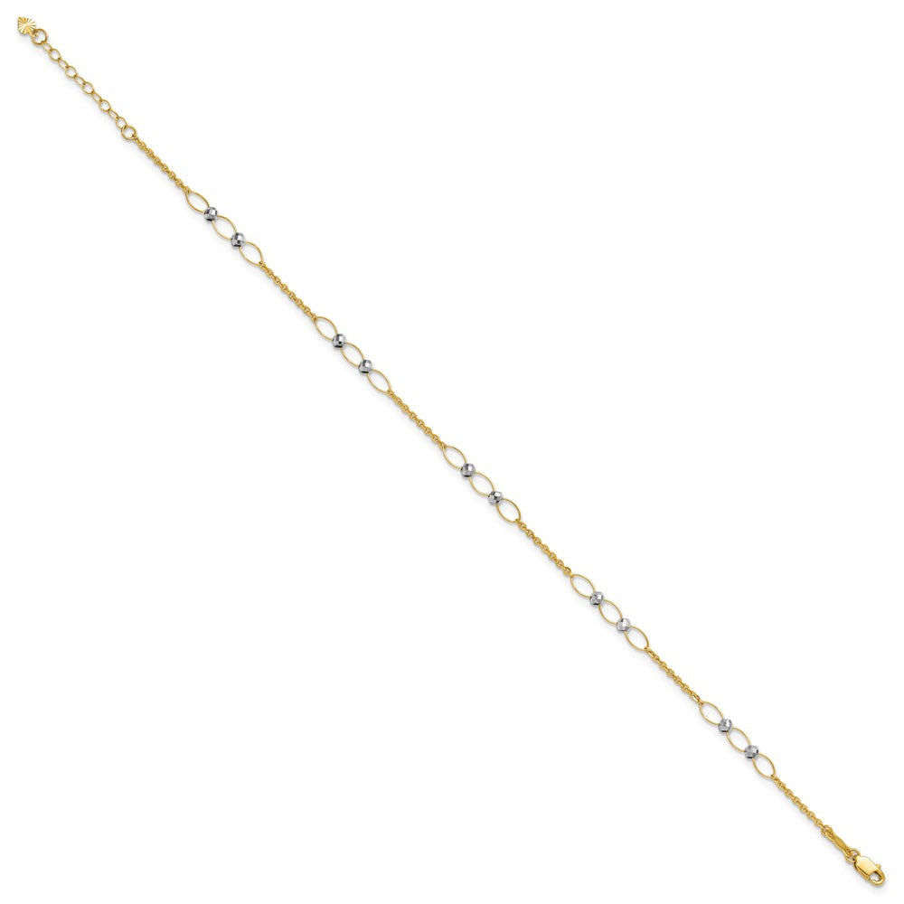 14K Bicolor Gold Bicolor Oval Knöpfe und Mirror Perlen Plus Verlängerung Total Kette Fußkettchen