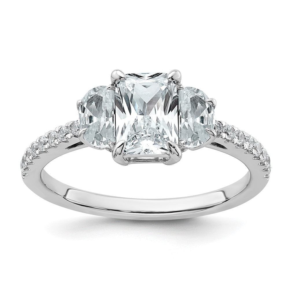 14K Weißgold Verlobungsring mit Halbmond, Drei-Steine-Fassung, 0,75 ct. Labor-Diamanten VS+ F+, 1 ct. Center-Radiant, Semi-Mount