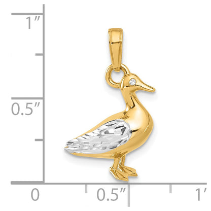 14K Gelbgold und Rhodium Diamant-geschliffener 3-D Enten-Anhänger