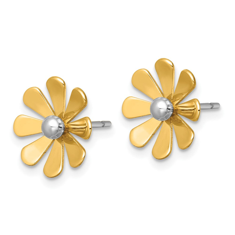 14K Gelbgold Poliert Gänseblümchen mit Rhodium Mittig Ohrstecker