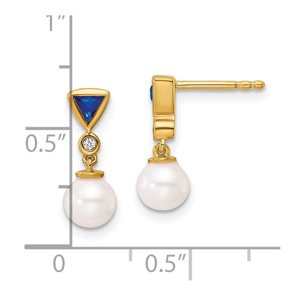 14K Gelbgold Ohrhänger mit runder Süßwasserzuchtperle, 0,02 ct. Diamant und Trillion-Saphir
