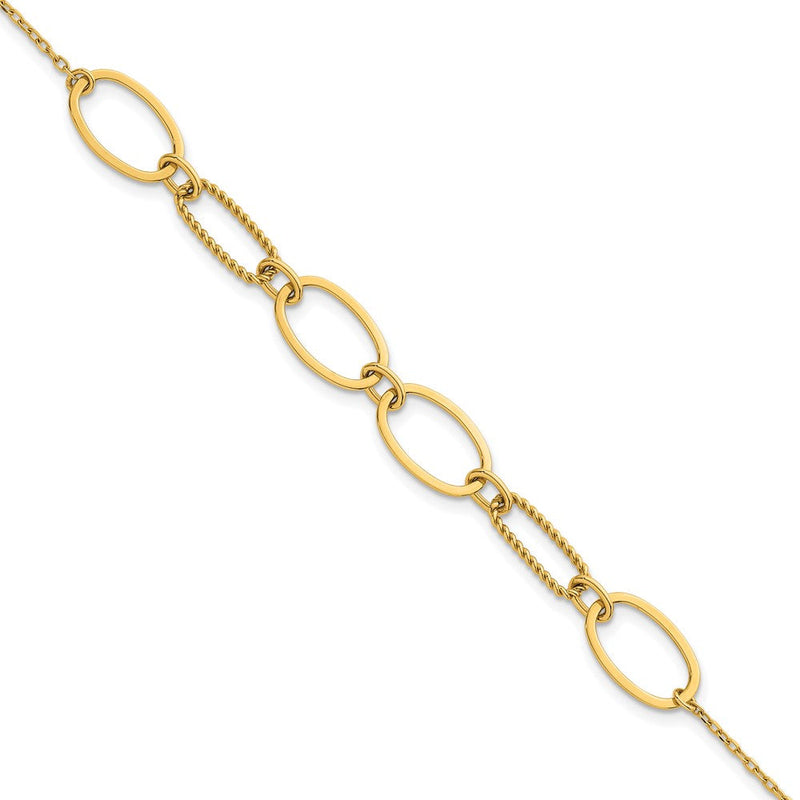 14K Gelbgold Poliert und Gedreht 9.5mm Oval Knöpfe 6.75 Zoll Armband Plus 0.5 Zoll Verlängerung