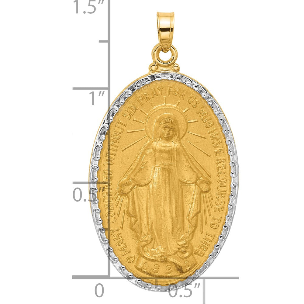 14K Gelbgold und Rhodium Poliert und Satiniert Massiv Wundertätig Medaille Oval Anhänger