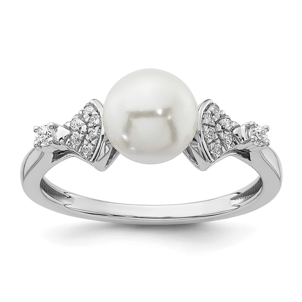 14K Weißgold polierter Ring mit Süßwasser-Zuchtperlen in Weiß und 0,1K Diamant, Größe 7