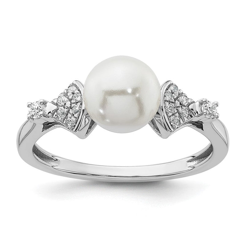 14K Weißgold polierter Ring mit Süßwasser-Zuchtperlen in Weiß und 0,1K Diamant, Größe 7