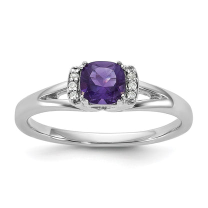 14K Weißgold Ring mit Diamant und Amethyst, poliert