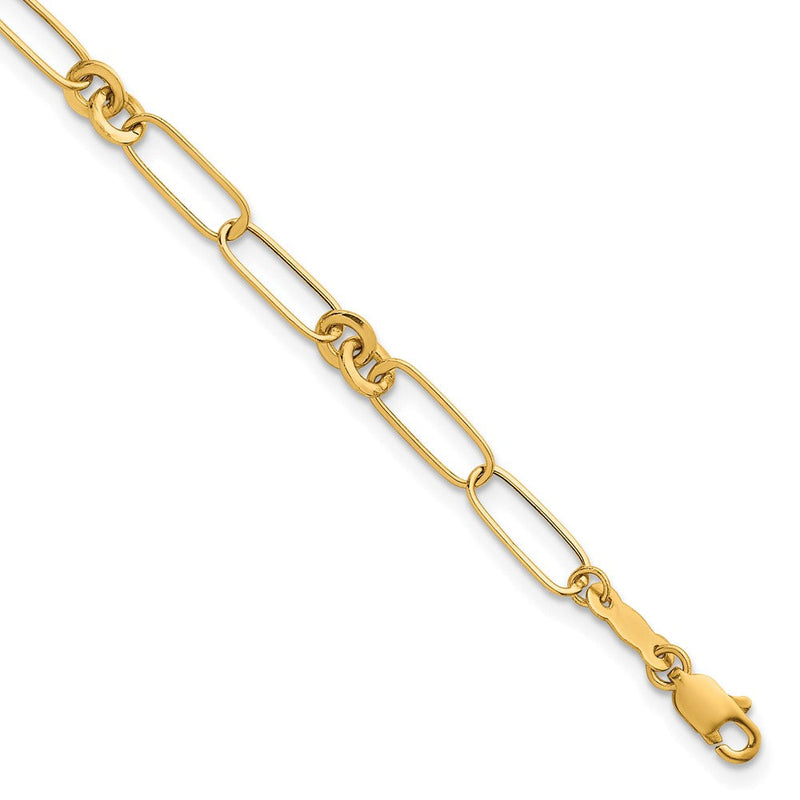 14K Gelbgold Poliert Büroklammer und Rund Fantasieglieder 7.5 Zoll Armband