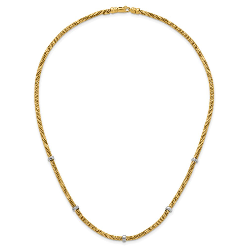 14K Bicolor Gold Bicolor Poliert 7.5mm Fantasie Netz mit Perle 18 Zoll Halskette