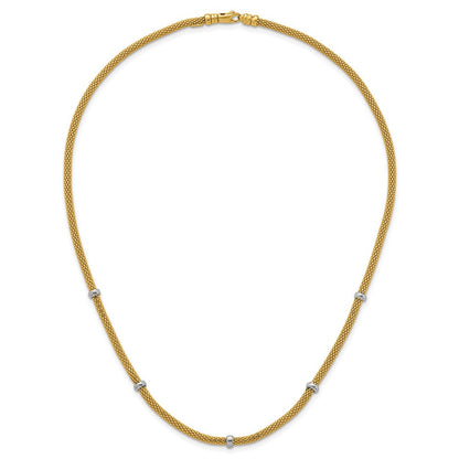 14K Bicolor Gold Bicolor Poliert 7.5mm Fantasie Netz mit Perle 18 Zoll Halskette