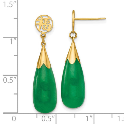 14K Gelbgold Poliert Good Luck Symbol Jade Tropfen Hängend Ohrstecker
