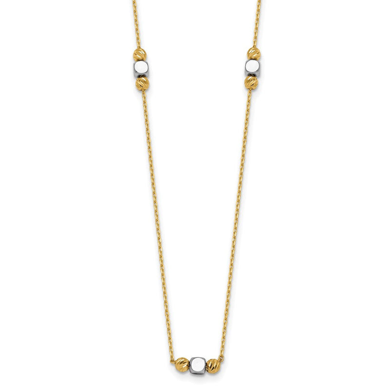 14K Bicolor Gold Poliert Diamantiert und Quadratisch Perle 5-station 16 Zoll Halskette Plus 2 Zoll Verlängerung