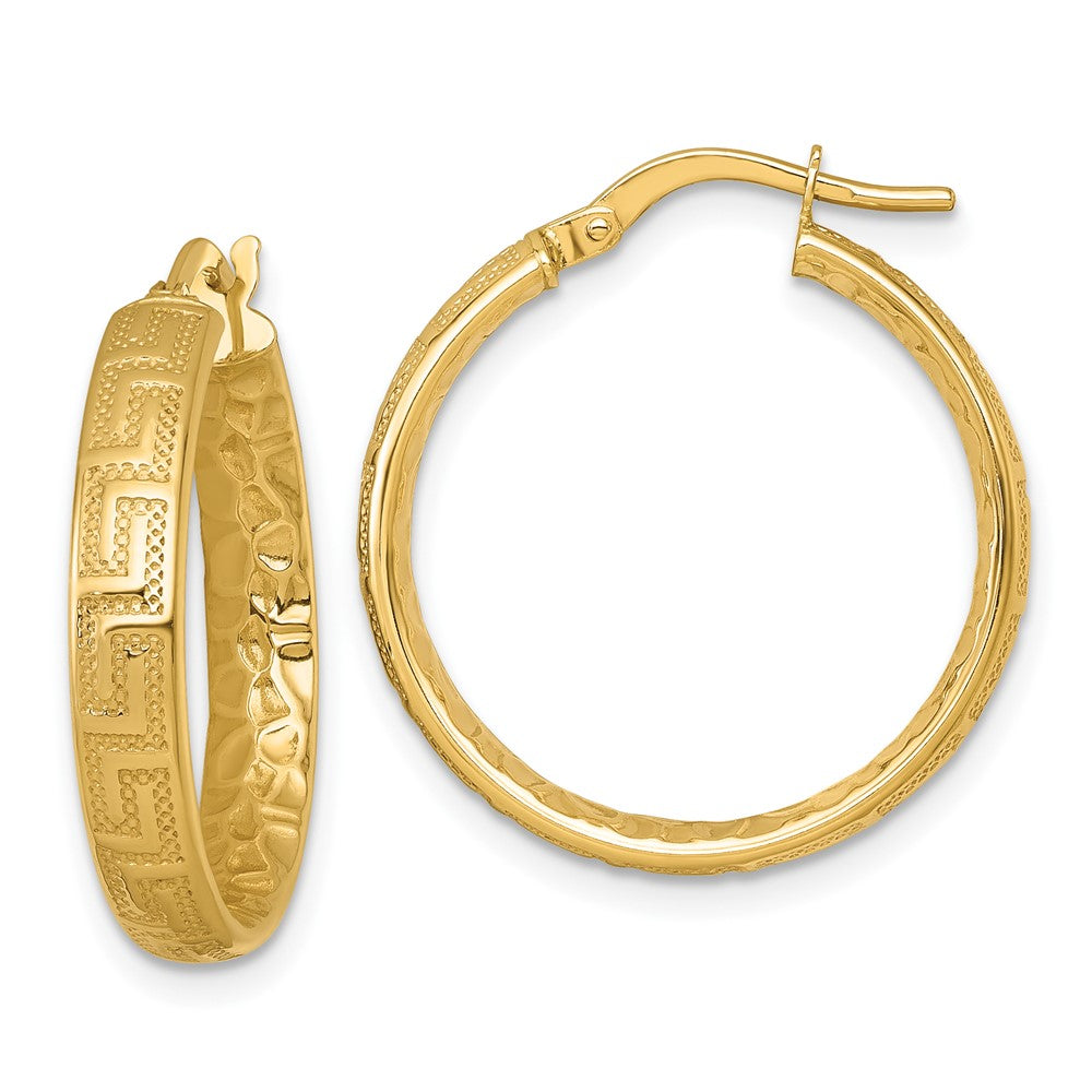 14K Gelbgold Poliert Greek Key Design Strukturiert 4.00 X 24mm Röhre Creolen