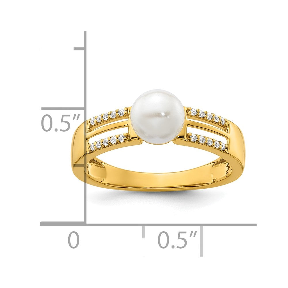 14K Gelbgold Ring poliert mit 0,067 Karat Diamant und Süßwasser-Zuchtperle, Größe 7