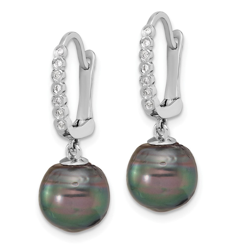 14K Weißgold 9-10mm Schwarz Rund Tahitian Salzwasser Zuchtperle Und.07 Karat Diamant Brisur Ohrhänger