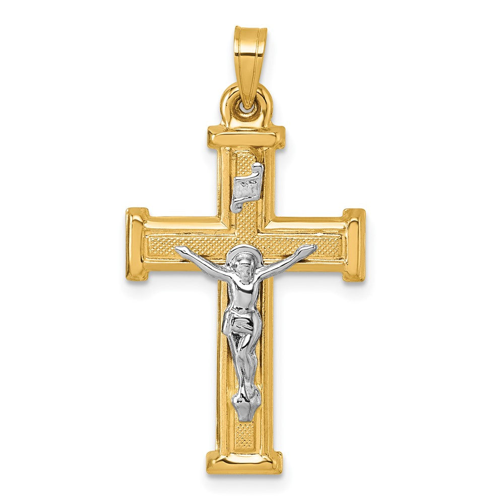 14K Gelbgold mit Rhodium Poliert und Strukturiert Inri Kruzifix Kreuz Anhänger