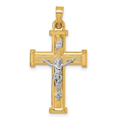 14K Gelbgold mit Rhodium Poliert und Strukturiert Inri Kruzifix Kreuz Anhänger