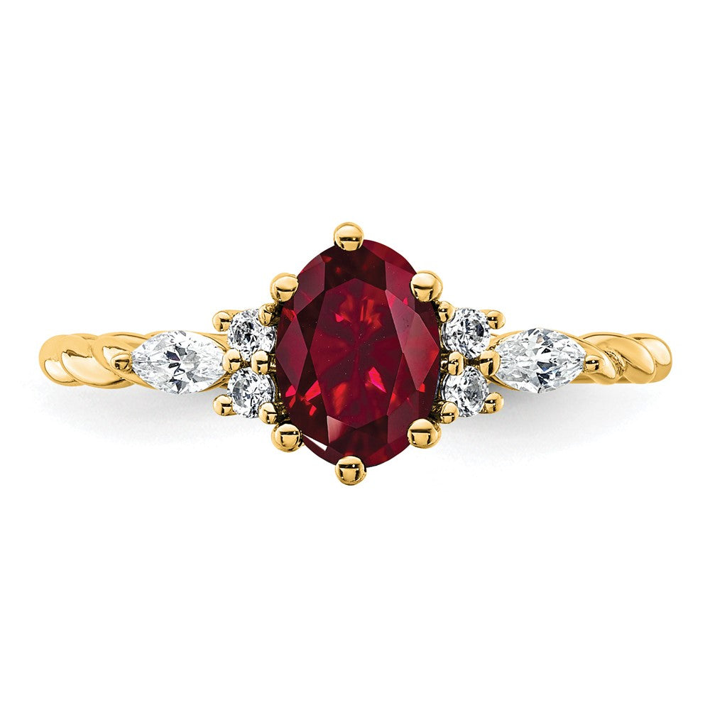14K Gelbgold Diamant- und Rubin (7x5 oval, Juli/labor­gezüchtet) Ring, gedreht, Größe 7