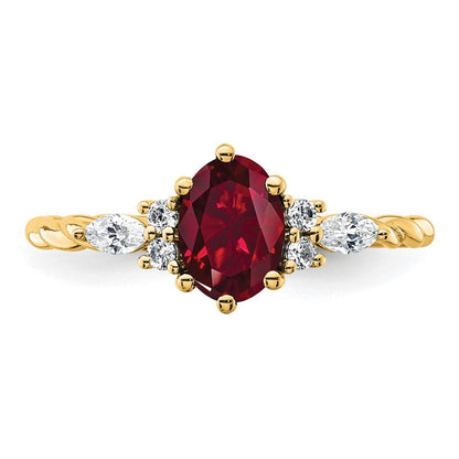 14K Gelbgold Diamant- und Rubin (7x5 oval, Juli/labor­gezüchtet) Ring, gedreht, Größe 7