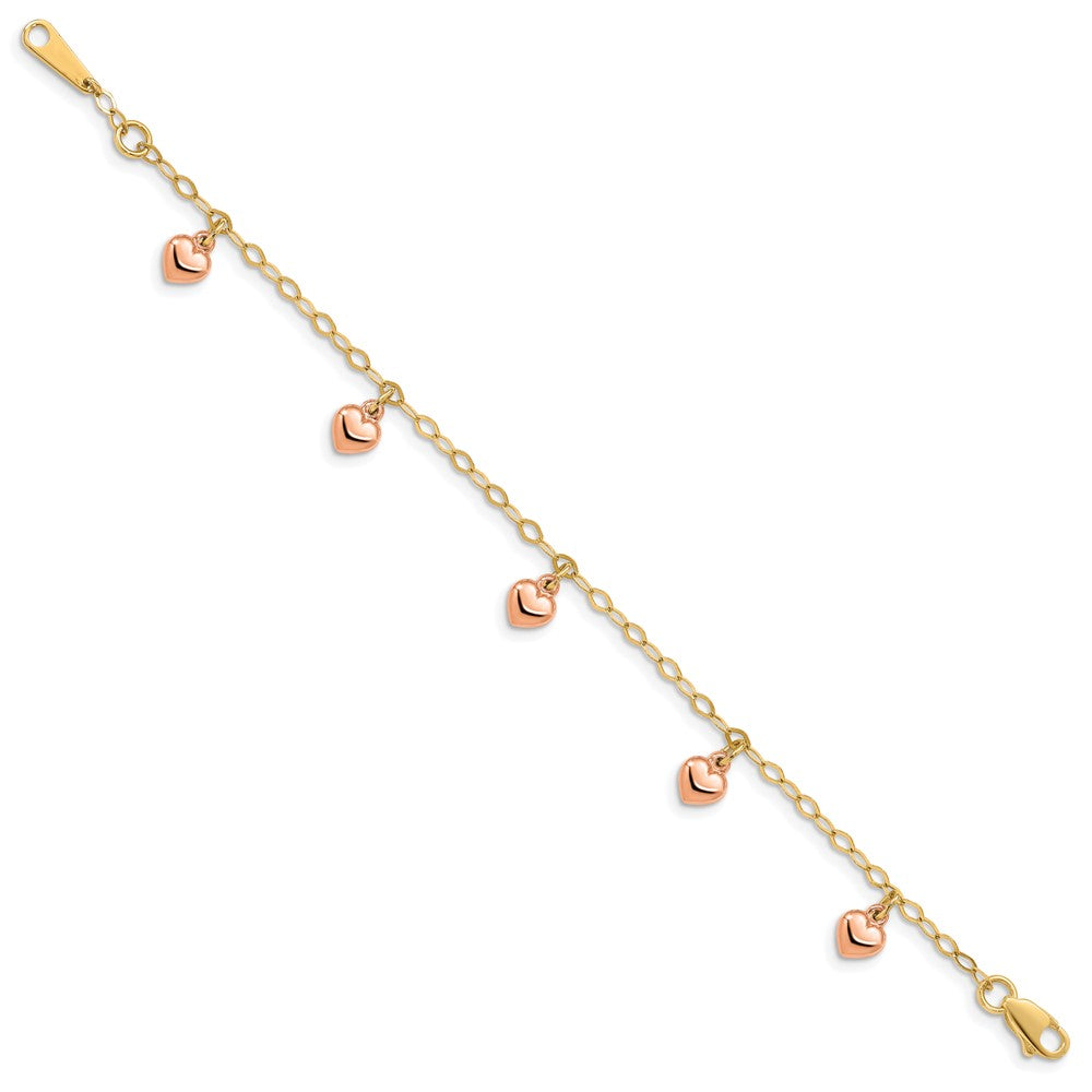 14K Gelbgold mit Roségold Herzen Kind Gewölbt Herz Charm Armband