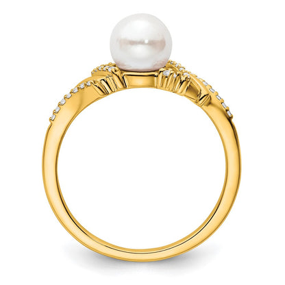 14K Gelbgold Ring poliert mit 0,1 ct. Diamant und Süßwasser-Zuchtperle, Größe 7