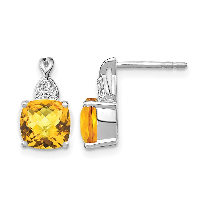 14K Weißgold Ohrstecker mit 7 mm Kissenschliff-Schachbrett-November/Citrin und Diamant