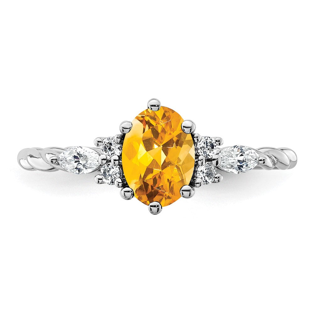 14K Weißgold Ring mit Diamant und ovalem Citrin (November) 7x5, gedreht, Größe 7