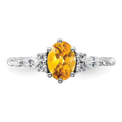 14K Weißgold Ring mit Diamant und ovalem Citrin (November) 7x5, gedreht, Größe 7