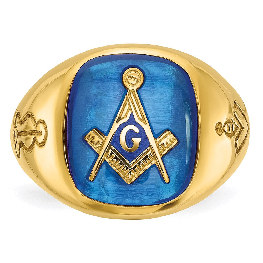 Ibgoodman 14K Herren Poliert und Gerillt mit Im Labor Erzeugt Saphir Blau Lodge Master Freimaurer Ring