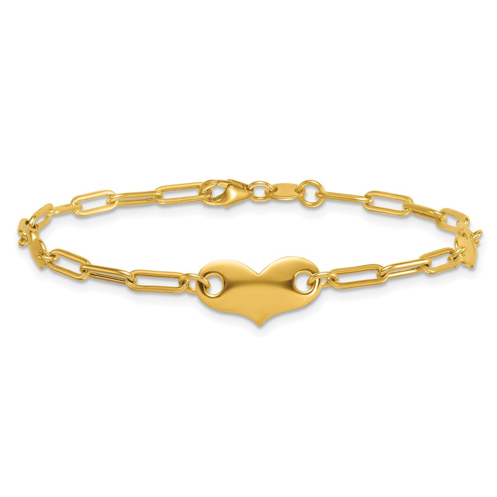 14K Gelbgold Poliert Büroklammer Glieder mit Drei Herzen 7.5 Zoll Armband